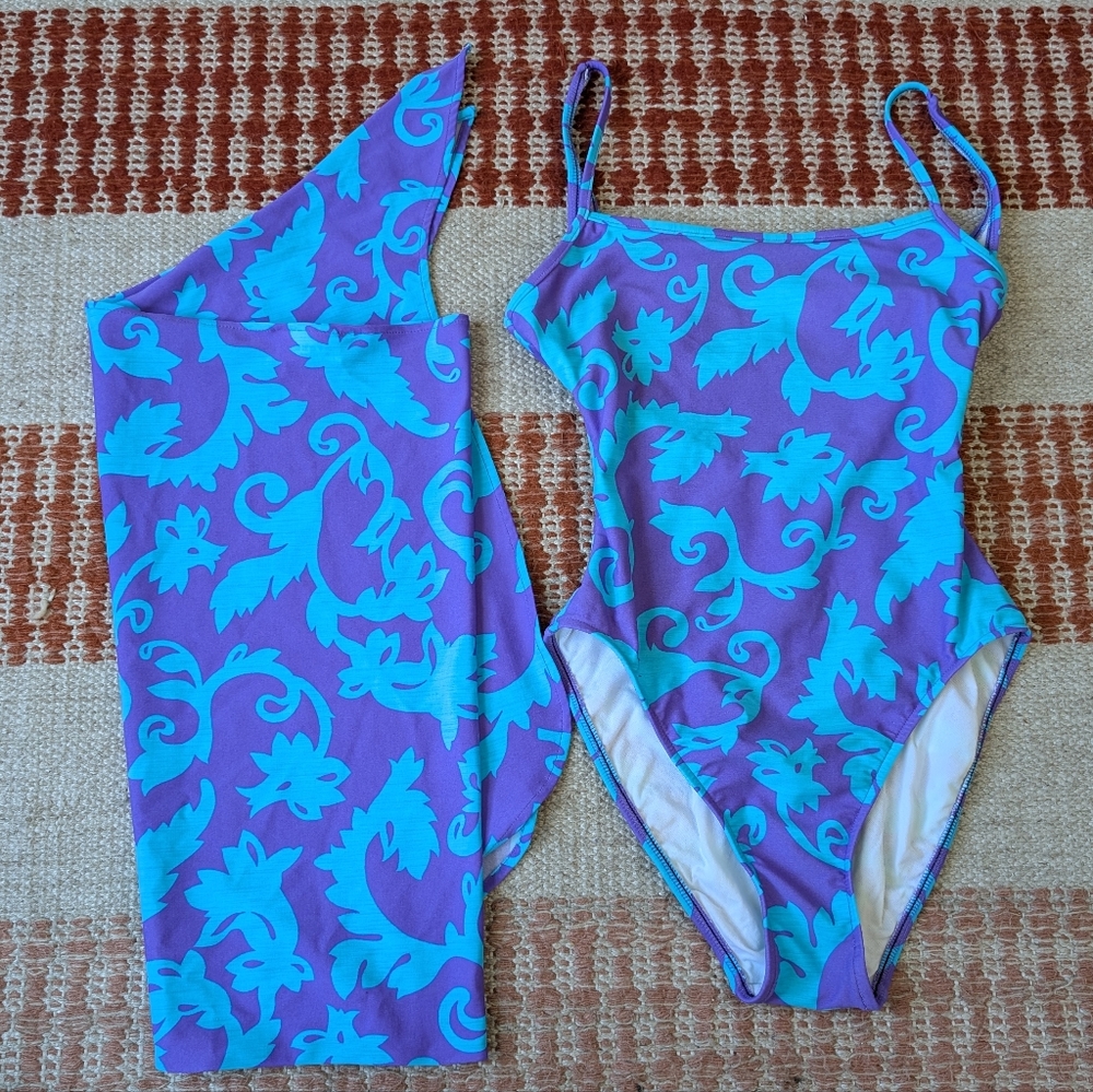 Oscar de la Renta Swimsuit + Sarong Skirt One Piece Blue Purple Resort 8 Small